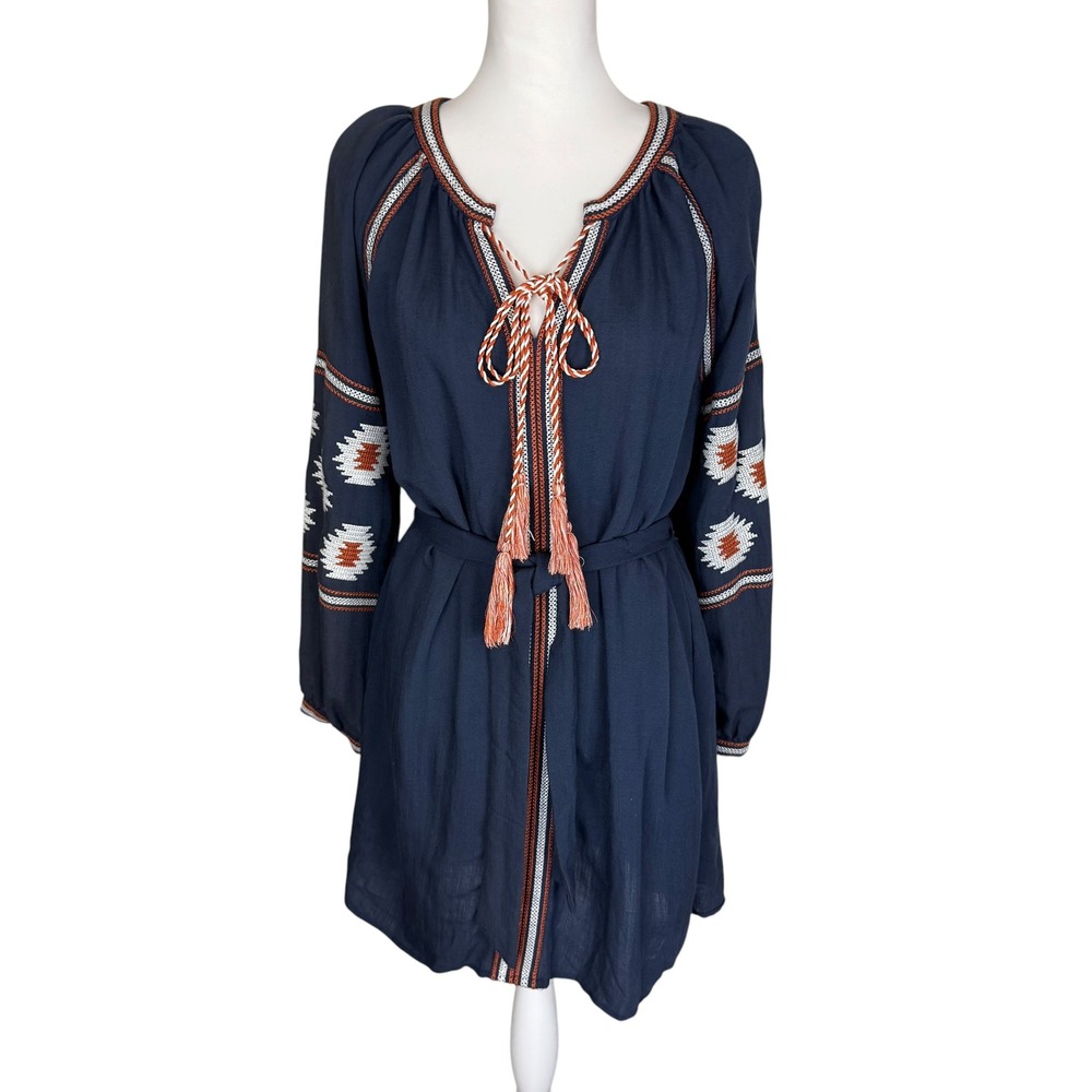 Karlie Navy Blue Embroidered Cotton Boho Tunic Dress Tassel Tie Medium Bohemian